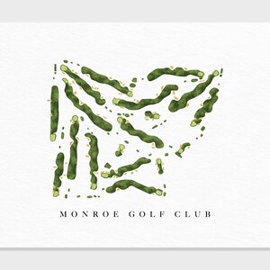 May include: A watercolour illustration of a golf course layout with green fairways and sand traps. The text "MONROE GOLF CLUB" is printed below the image.