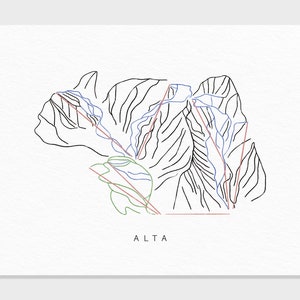 Alta Ski Area | Alta, UT | Mapa de trilhas Presente para decoração de esqui em casa de montanha, viagem de família personalizada Aventura de inverno, Impressão de arte minimalista