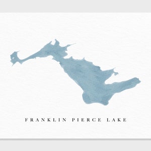 May include: A watercolor painting of Franklin Pierce Lake, a light blue outline of the lake on a white background with the text "Franklin Pierce Lake" below the image.