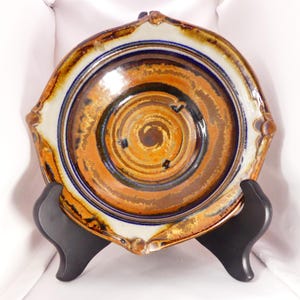 Japanese Mingei Folk Art Pottery Bowl - Mid-Century Studio Stoneware Ceramic Charger Signed "Take" - 9" Ash Glaze Amber Swirl Design