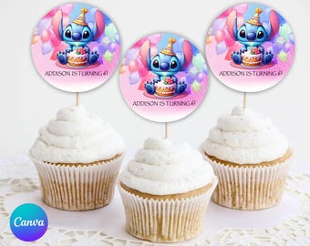 Editable Stitch Birthday cupcake topper. Digital P003