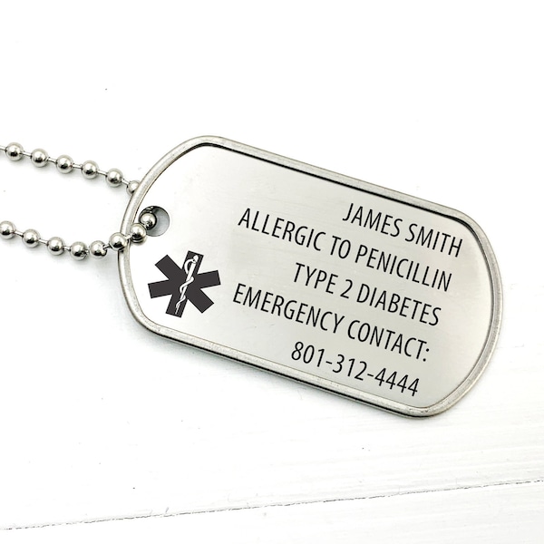 Medical Alert Dog Tag   •  Custom Laser Engraved ID •  Emergency Contact Necklace •  Emergency ID Military Dog Tags