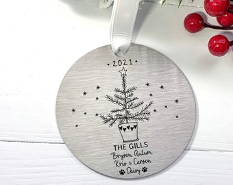 Our Family Christmas Ornament  • Family  and Pet Metal Ornament  •  Stainless Steel Ornament   •  Little Christmas Tree Family Ornament