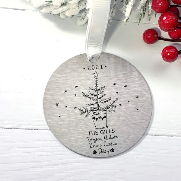 Our Family Christmas Ornament  • Family  and Pet Metal Ornament  •  Stainless Steel Ornament   •  Little Christmas Tree Family Ornament