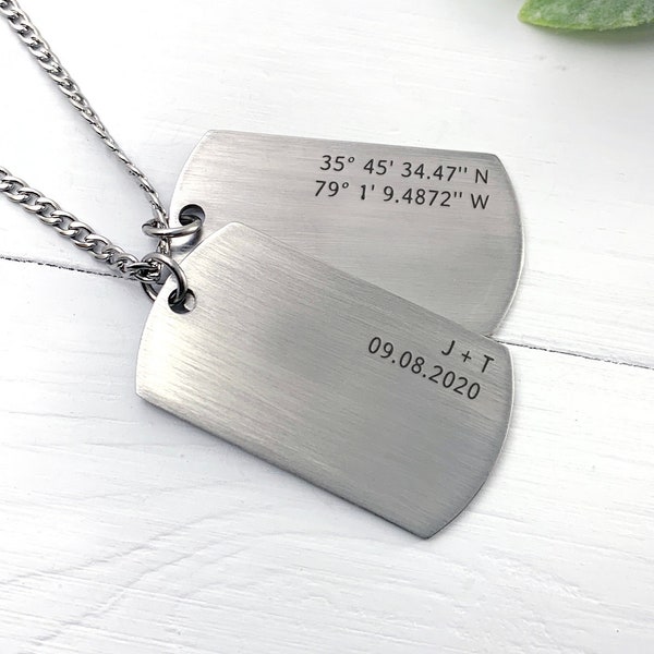 Personalized Double Dog Tag Necklace  • Custom Necklace for Men • Anniversary Gift • GPS Coordinates • Fathers Day Gift • Wedding Gift
