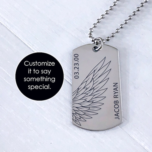 Personalized Dog Tag Necklace • Custom Necklace for Men • In Loving Memory Gift • Memorial Gift • Fathers Day Gift • Winged Dog Tag