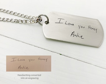 Engraved Handwriting Dog Tag Necklace • Handwriting Necklace for Men • Custom Actual Handwriting Jewelry • Signature • Personalized Jewelry