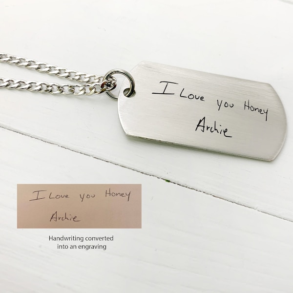 Engraved Handwriting Dog Tag Necklace • Handwriting Necklace for Men • Custom Actual Handwriting Jewelry • Signature • Personalized Jewelry