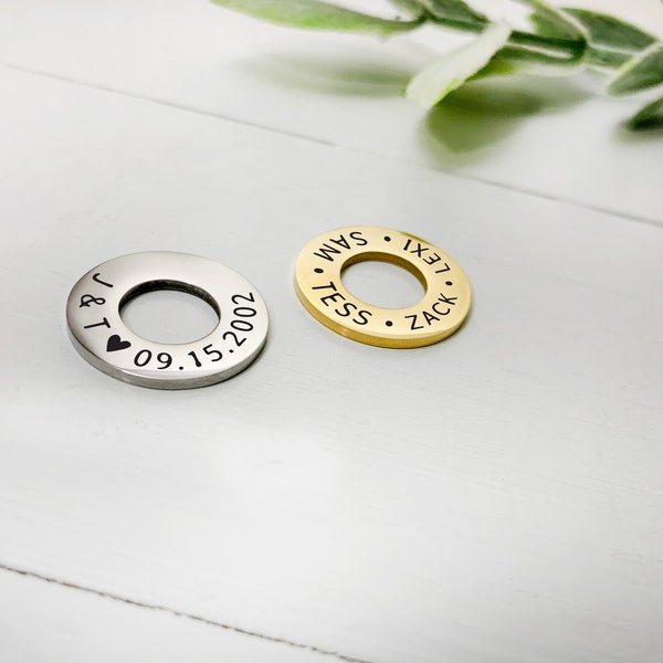 Personalized Washer For Him or Her • Custom High Shine Washer Gold or Silver • Anniversary Gift • Kids Names Gift • Birthday Reminder