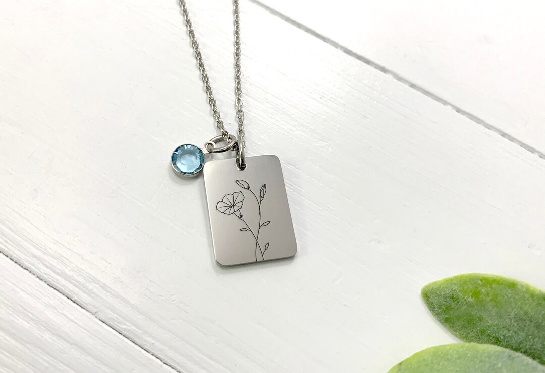 Birth Flower Rectangular Pendant Necklace Birthday Gift - Etsy