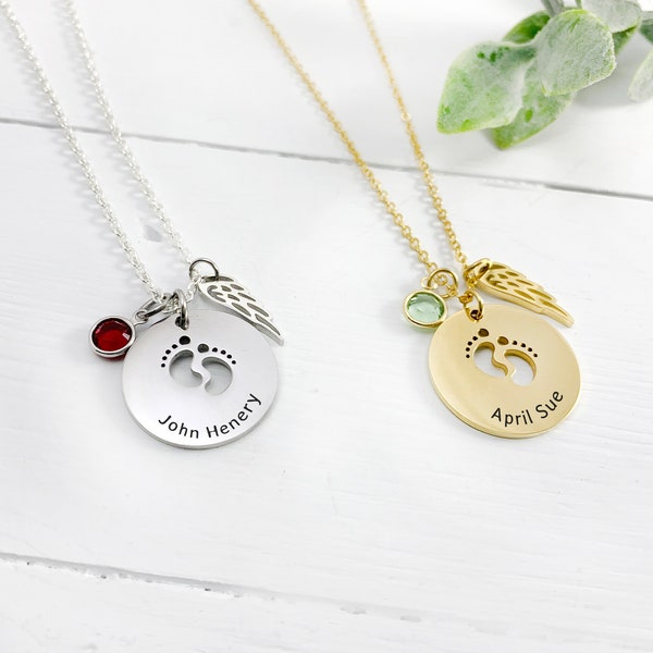 Personalized Memorial Child Pendant Necklace • Bereavement Gift Baby •  Birthstones & Personalized Baby Feet Gift • Family Remembrance