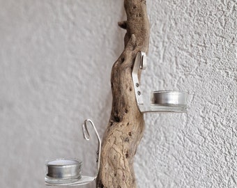 Tealight holder T1 with driftwood from Forgensee holder made of silver spoon