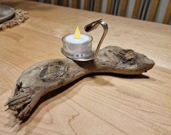 Tealight holder T3 with driftwood from Forgensee holder made of silver spoon