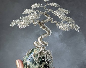 Silver plated copper wire tree on an ocean jasper base