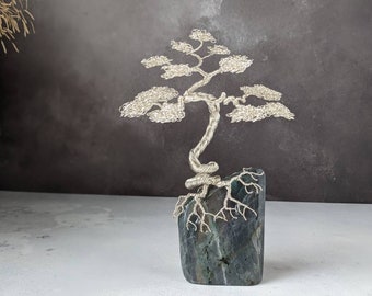 Silver plated copper wire tree on a labradorite base