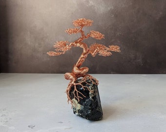 Black Tourmaline with a copper wire bonsai tree sculpture