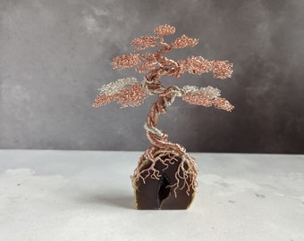 Silver plated copper and rose gold coloured copper wire tree on an agate base