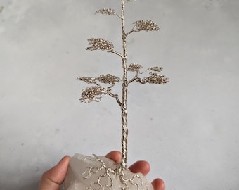 Silver plated copper wire tree on a quartz base