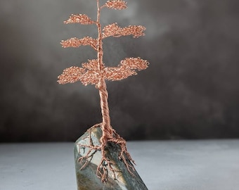 Copper wire bonsai tree sculpture on a labradorite base