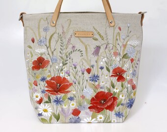 Large spacious hand-painted floral linen handbag "On the meadow" Original artwork, hand painted bag, tote floral bag