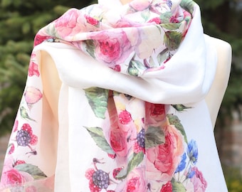 Luxury Floral Linen Scarf: Elegant Summer Accessory for Women, Handmade Wedding Shawl Gift