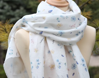 Large women's scarf made of exclusive premium 100% linen 72x195cm with flowers, floral scarf, large women's scarf