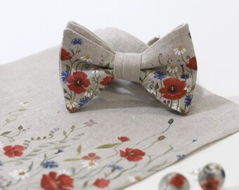 Exclusive Men&#39;s Hand-Painted Floral Wedding Bow Tie with Handkerchief