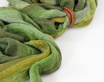 Elegant Green and Gold Striped Linen Scarf with Strap Sheer Summer  Accessory