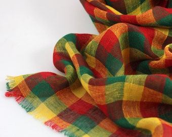 Colorful Soft 100% Linen Plaid Scarf, Stylish Sheer Scarf, Large Summer Scarf, Plaid Scarf