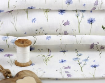 Elegante tela de lino con estampado floral de pradera hecha a mano para manualidades y proyectos de costura