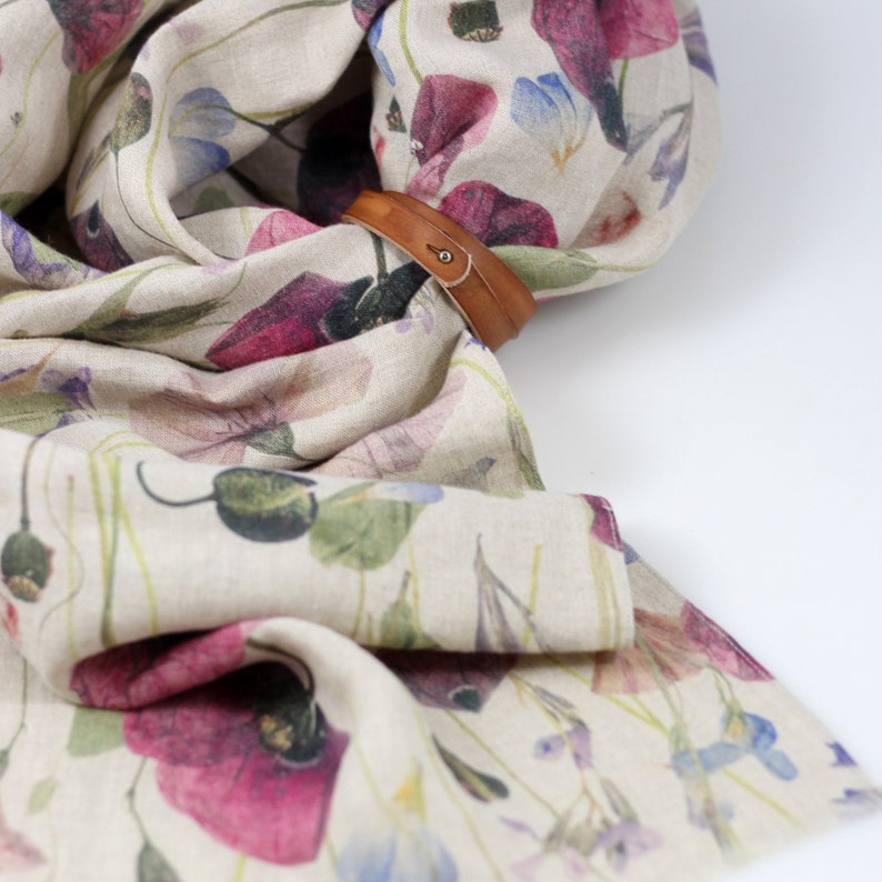 Elegant women's scarf made of exclusive premium floral 100% linen "Poppies", summer natural floral scarf