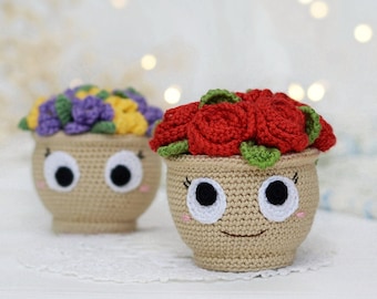 Crochet Pattern Flower Basket (PDF file), amigurumi tutorial toy rose bouquet, DIY crochet Mothers day gift, plant moms gift, Valentine gift