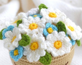 Camomile and Forget-me-not for Flower Basket crochet pattern (PDF file), crochet summer flowers bouquet tutorial, DIY small summer flowers