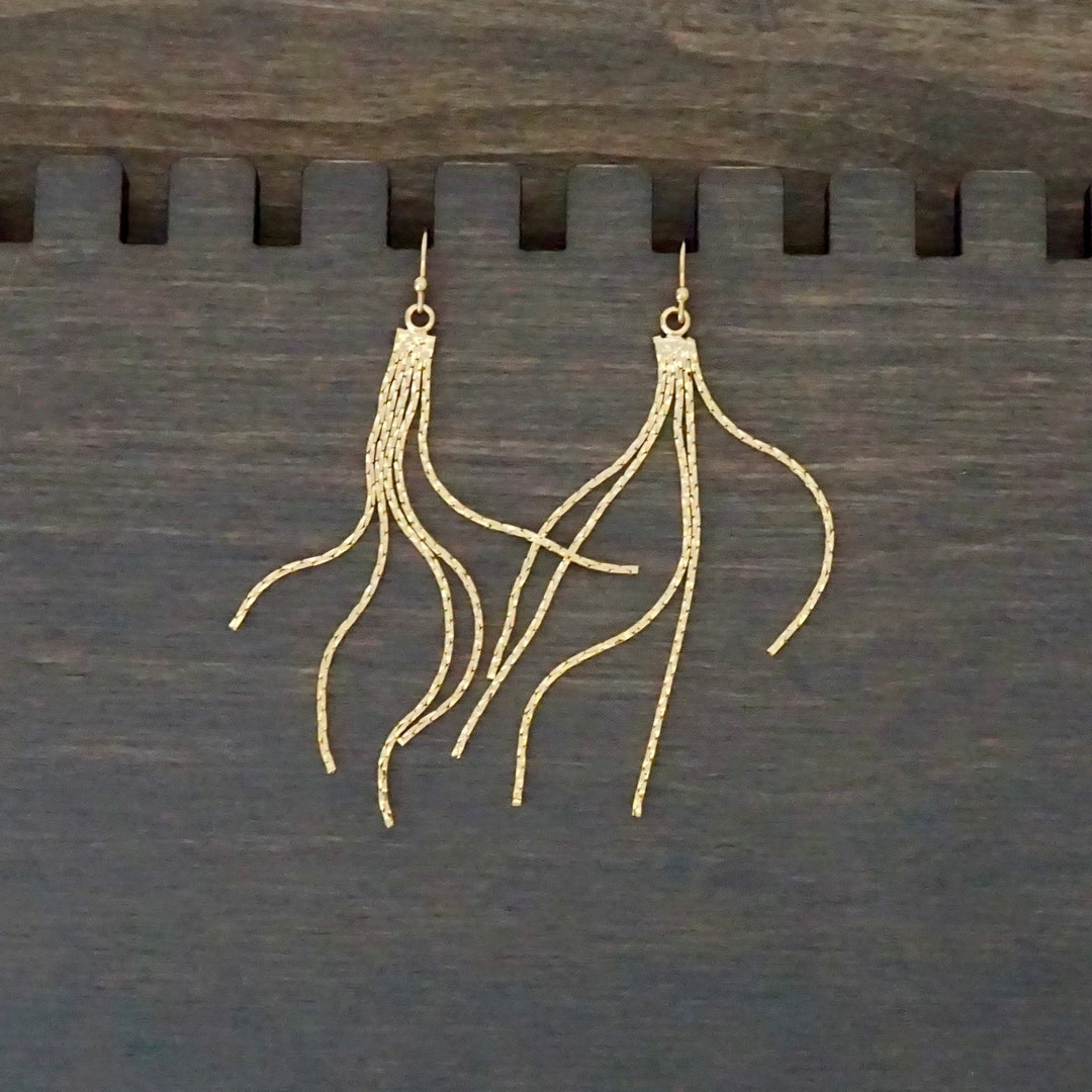 Gold Tassel Fringe Earrings Dainty Minimal Elegant Event Work Etsy UK