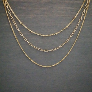 Gold Three Strand Chain Necklace! Triple Choker Dainty Minimal Boho Layering Cute Stacking Jewelry Gift Real Gold Plated Brass 14 16 18 20