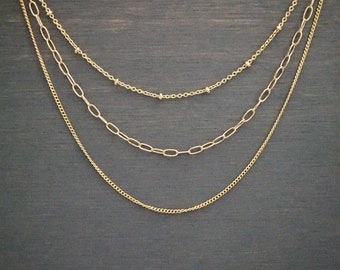 Gold Three Strand Chain Necklace! Triple Choker Dainty Minimal Boho Layering Cute Stacking Jewelry Gift Real Gold Plated Brass 14 16 18 20