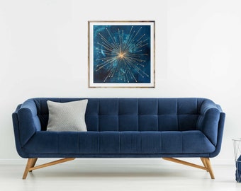 Galaxy 2, giclee art print, mid century modern art, modern mid century art, sun, starburst, gold leaf, celestial art, space art, retro sun