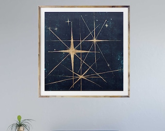 Star retro art print, mid century modern art, stars, night sky, retro art, celestial wall art, interior staging, gold leaf, interior styling
