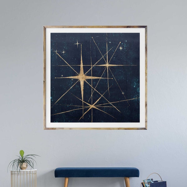 Star retro art print, mid century modern art, stars, night sky, retro art, celestial wall art, interior staging, gold leaf, interior styling