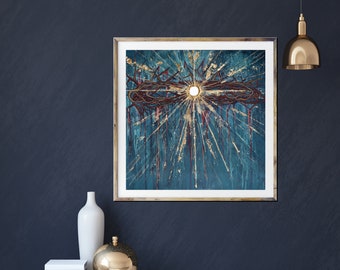 Pode incluir: Uma pintura abstrata enquadrada com uma coroa de espinhos e uma luz branca brilhante no centro. O fundo é azul escuro com detalhes dourados e vermelhos.