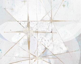 White Star retro painting, mid century modern art, night sky, retro art, celestial wall art, interior staging, gold leaf, interior styling