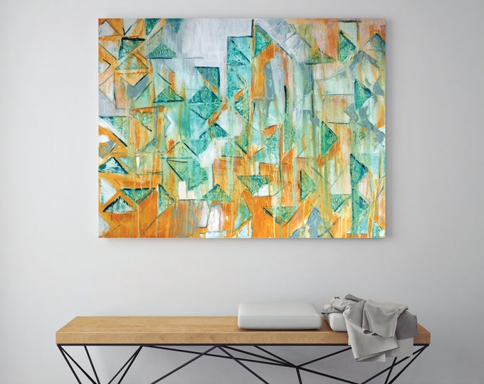 contemporary geometric art print abstract art giclee print of original painting art print mid century modern teal and yellow art 3