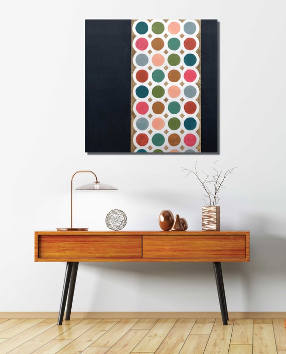 Original abstract geometric painting, gold leaf mixed media painting, mid century modern art, interior staging, dot art, circles, bright art