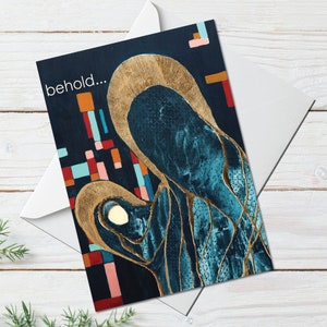 Carte de Noël religieuse, carte de vœux, carte de vœux de vacances moderne du milieu du siècle, bébé Jésus et Marie, MÈRE MARIE, carte de Noël catholique,