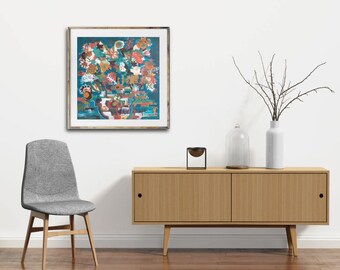 Art print, ABSTRACT FLORAL, mid century modern art print, original abstract acrylic painting, abstract flowers, interior design, blue floral