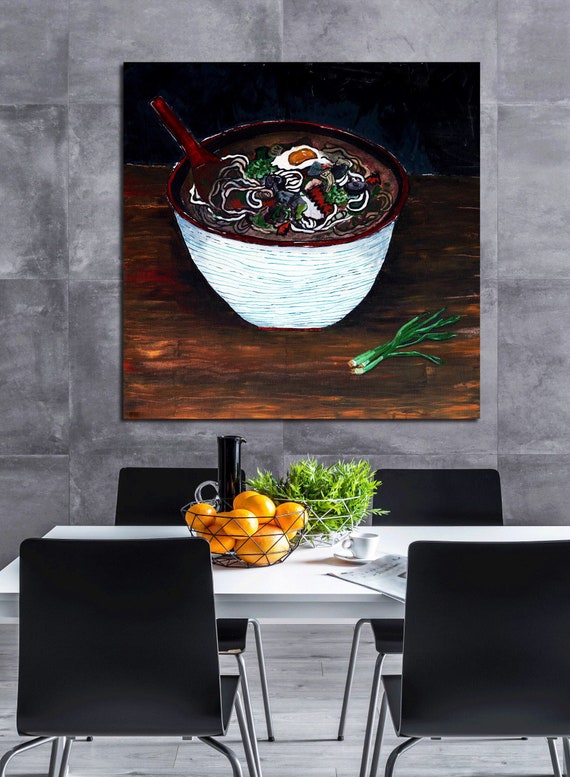 Noodle Soup Art, food art, painting of noddles, egg, scallions, restaurant art, commercial art, modern food art, recipe, udon, kitchen art