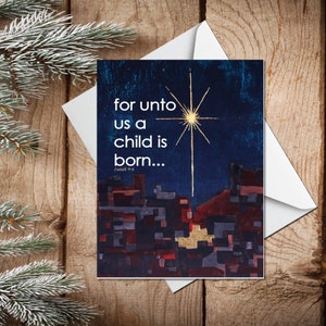 Religious Christmas card, greeting card, mid century modern holiday greeting card, gold leaf star, A CHILD IS BORN, modern holiday card image 1