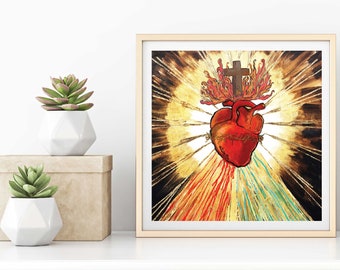 May include: A painting depicting a red heart with a crown of thorns and a cross on top, surrounded by flames and rays of light in shades of gold, red, and blue.