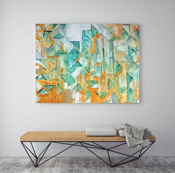 3, giclee print of original painting, abstract art, teal and yellow art, mid century modern, art print, contemporary geometric art print