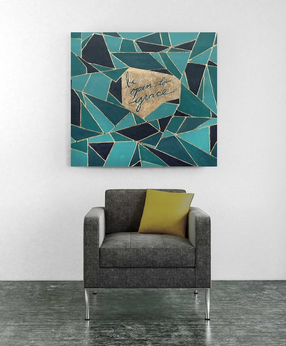 Geometric art, original abstract painting, inspirational wall art, religious quote, grace, gold art, geo, teal abstract painting, modern art